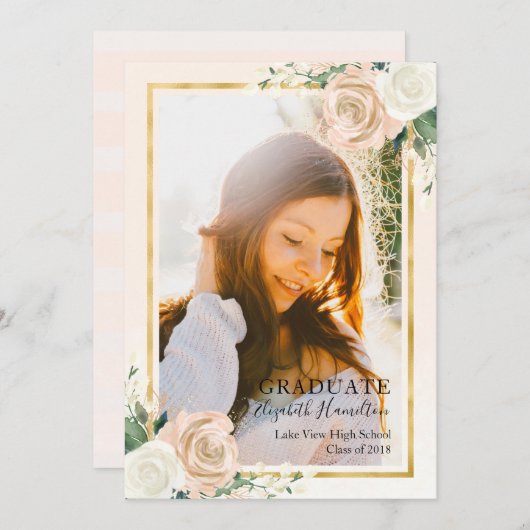 赤面フローラおよびフォイル金ゴールドの卒業発表 案内状 (正面/裏面)