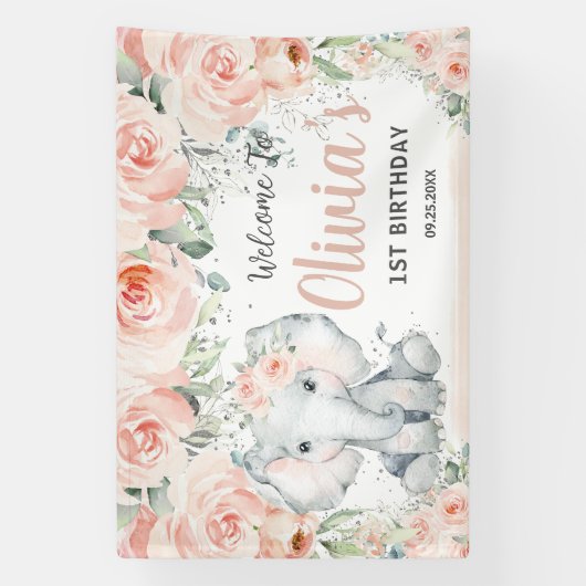 赤面フローラかわいいゾウ1歳の誕生日の背景 横断幕 (縦)