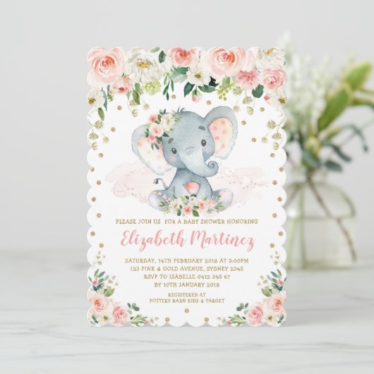 赤面フローラかわいらしエレファントガールベビーシャワー 招待状 (スタンド正面)
