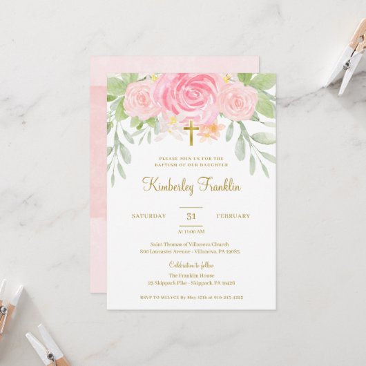 赤面フローラとゴールドフォイルガールズバプテスムコミュニオン 招待状 (正面/裏面インサイチュ)