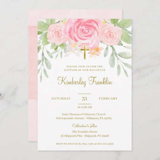 赤面フローラとゴールドフォイルガールズバプテスムコミュニオン 招待状 (正面/裏面)