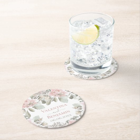 赤面フローラほこりっぽいバラ水の色bohoシック名 ラウンドペーパーコースター (インサイチュ)