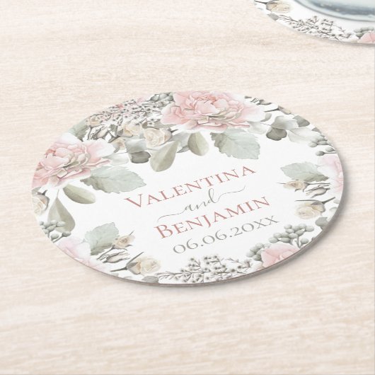 赤面フローラほこりっぽいバラ水の色bohoシック名 ラウンドペーパーコースター (アングル)