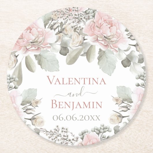 赤面フローラほこりっぽいバラ水の色bohoシック名 ラウンドペーパーコースター (正面)