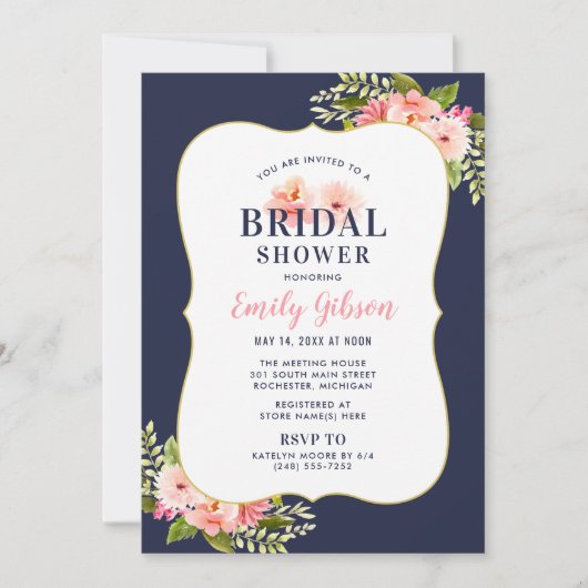 赤面フローラウォーターカラーネイビー結婚ズブライダルシャワー 招待状 (正面)