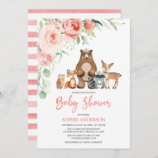赤面フローラウッドランド動物ガールベビーシャワー 招待状 (正面/裏面)
