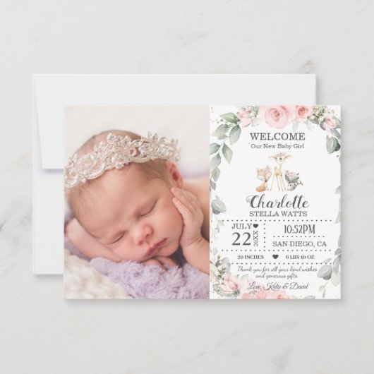 赤面フローラウッドランド動物新生児写真誕生 案内状 (正面)