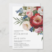 赤面フローラエレガント水彩画ブルゴーニュ結婚ーズ 招待状 (正面)