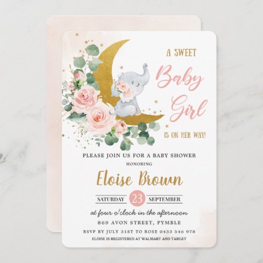 赤面フローラエレファントスイートベビーガールシャワー   招待状 (正面/裏面)