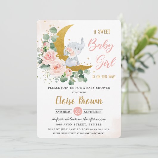 赤面フローラエレファントスイートベビーガールシャワー   招待状 (スタンド正面)