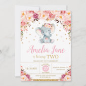 赤面フローラエレファント2nd誕生日金ゴールドグリッター 招待状 (正面)