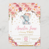 赤面フローラエレファント2nd誕生日金ゴールドグリッター 招待状 (正面/裏面)