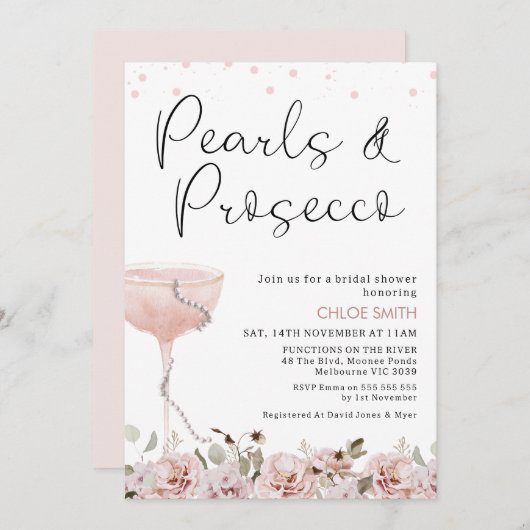 赤面フローラガラスパールスプロセッコブライダルシャワー 招待状 (正面/裏面)