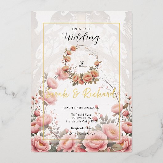 赤面フローラガーデンロマンティックヴィンテージウェディング 箔招待状 (正面)