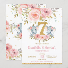 赤面フローラキュートエレファントツインガールズ7誕生日 招待状