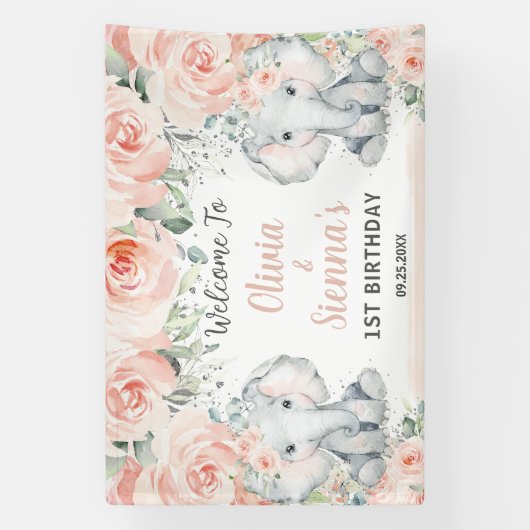 赤面フローラキュートエレファントツインズ誕生日背景 横断幕 (縦)