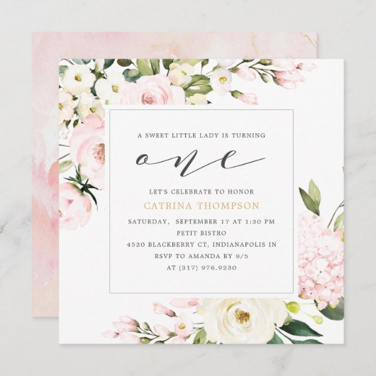 赤面フローラグリーナリーガール1st誕生日パーティー 招待状 (正面/裏面)