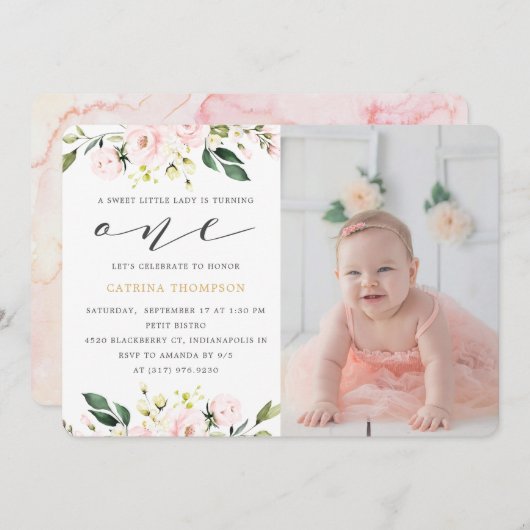 赤面フローラグリーンリーガール1stバースデーフォト 招待状 (正面/裏面)