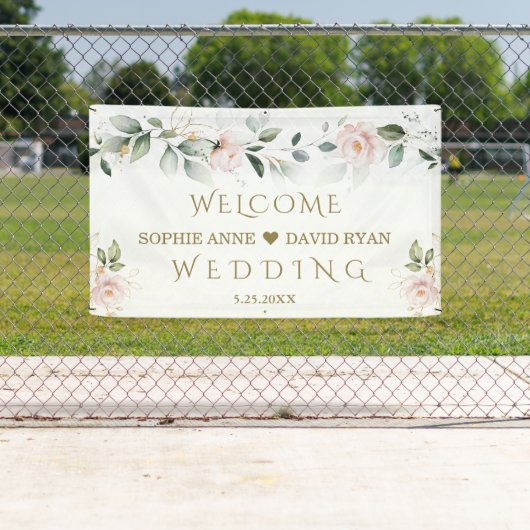 赤面フローラグリーン金ゴールドリーフ結婚のウェルカムサイン 横断幕 (インサイチュ)