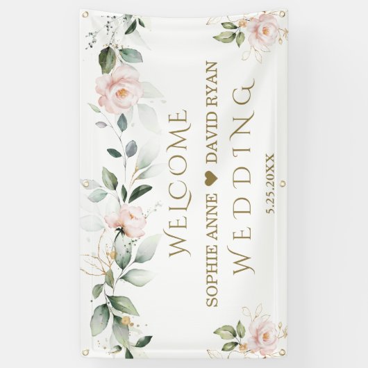 赤面フローラグリーン金ゴールドリーフ結婚のウェルカムサイン 横断幕 (縦)