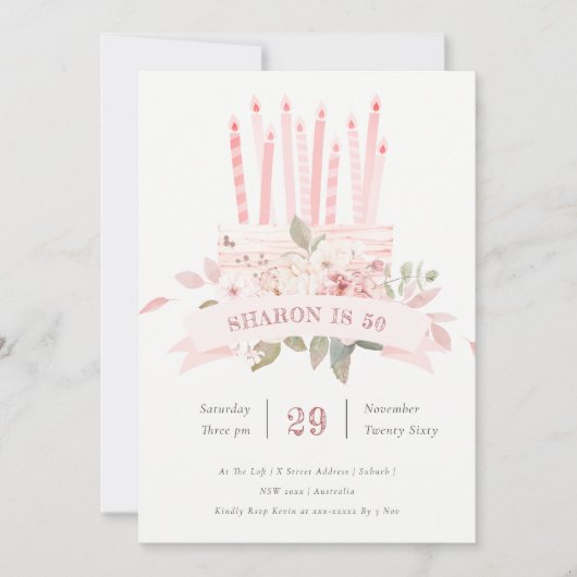 赤面フローラケーキキャンドル任意の年齢誕生日招待状 サンキューカード (正面)