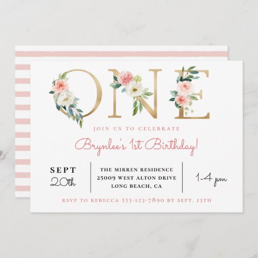 赤面フローラゴールデンワン| 1日目の誕生日招待状 招待状 (正面/裏面)
