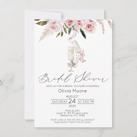 赤面フローラシャンパングラスブライダルシャワー 招待状 (正面)