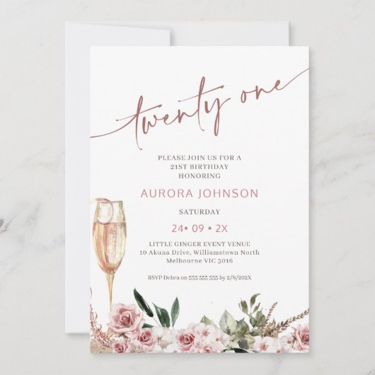 赤面フローラシャンパングラス21歳の誕生日 招待状 (正面)