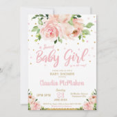 赤面フローラスイートベビーガールシャワーピンク&金ゴールド 招待状 (正面)