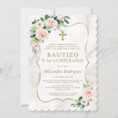 赤面フローラスペインの金ゴールド1歳の誕生日バプテスマ 招待状 (正面)