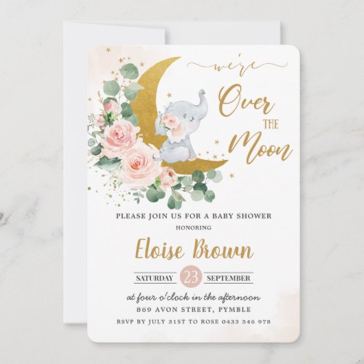 赤面フローラゾウが月の赤ちゃんシャワーを浴びる 招待状 (正面)