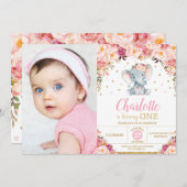 赤面フローラゾウ1歳の誕生日金ゴールド写真 招待状 (正面/裏面)