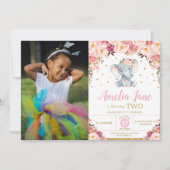 赤面フローラゾウ2nd誕生日金ゴールド写真 招待状 (正面)