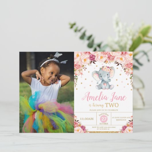 赤面フローラゾウ2nd誕生日金ゴールド写真 招待状 (スタンド正面)