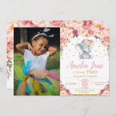 赤面フローラゾウ2nd誕生日金ゴールド写真 招待状 (正面/裏面)