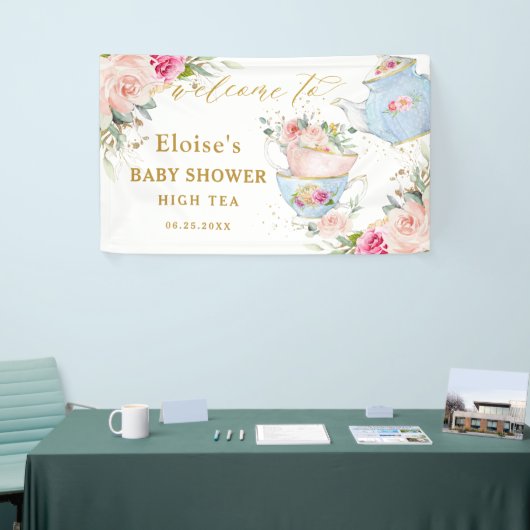 赤面フローラティーパーティーブライダルベビーシャワー背景 横断幕 (トレードショー)