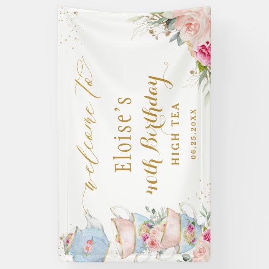 赤面フローラティーパーティーブライダルベビーシャワー背景 横断幕 (縦)