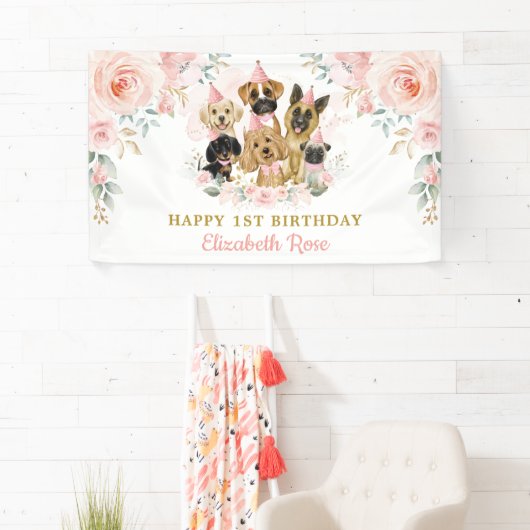 赤面フローラドッグスパッピーズ誕生日ガールウェルカム 横断幕 (インサイチュ)