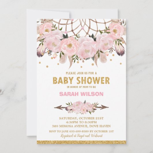 赤面フローラドリームキャッチャー赤ちゃんシャワーガールボホ 招待状 (正面)