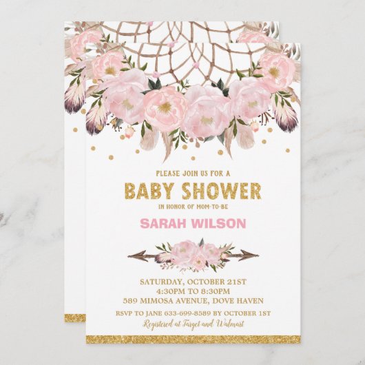 赤面フローラドリームキャッチャー赤ちゃんシャワーガールボホ 招待状 (正面/裏面)