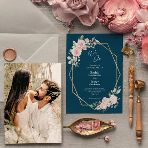 赤面フローラネイビシンプルーWe Do Photo 結婚's 招待状