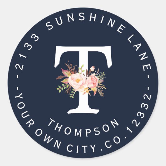 赤面フローラネイビーブルーモノグラム住所 シール (正面)