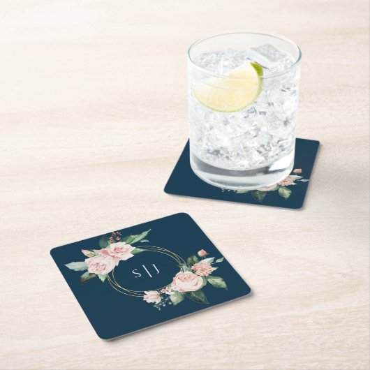 赤面フローラネイビー結婚ズモノグラム スクエアペーパーコースター (インサイチュ)