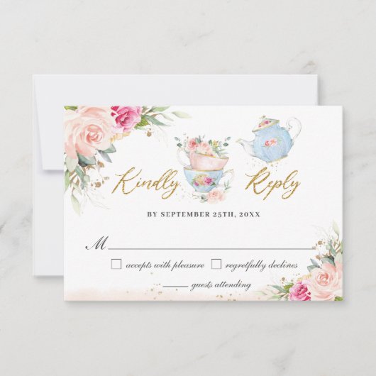 赤面フローラハイティーパーティーベビーブライダルシャワー 出欠カード (正面)