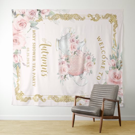 赤面フローラハイティー誕生日ベビーブライダルシャワー タペストリー (インサイチュ(横))