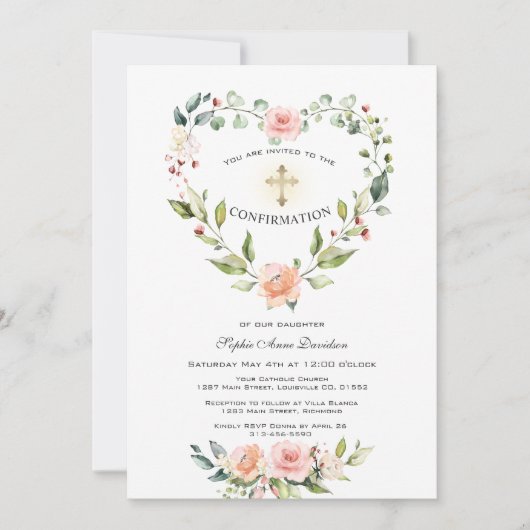 赤面フローラハートフレームクロスガール確認 招待状 (正面)