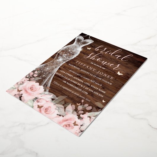 赤面フローラバタフライドレス素朴ブライダルシャワー 箔招待状 (回転した状態)