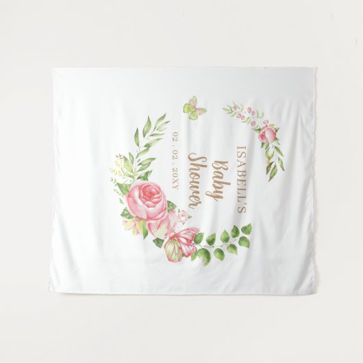 赤面フローラバタフライベビーシャワー写真の背景 タペストリー (正面(横))