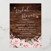 赤面フローラバタフライ素朴ウッドブライダルシャワー 箔招待状 (正面)