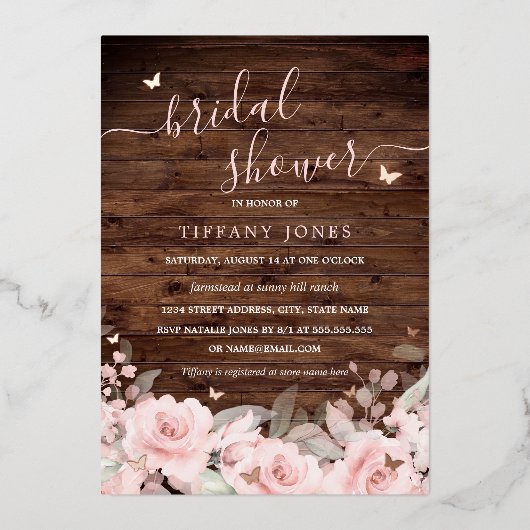 赤面フローラバタフライ素朴ウッドブライダルシャワー 箔招待状 (正面)